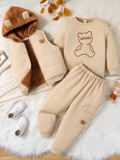 Conjunto de 3 piezas para niños pequeños compuesto por sudadera de manga larga con estampado de oso lindo, pantalón y chaleco, con forro de felpa grueso, adecuado para volver al colegio, atuendos de niños, fiestas festivas, uso diario, transporte, deportes, otoño/invierno