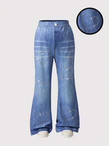 WESTFADE Young Pantalones acampanados de punto elástico con estampado de corazones con rhinestones para niñas preadolescentes, estilo casual de moda callejera inspirado en Y2K