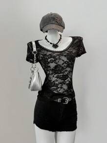 SHEIN EZwear Blusa negra de encaje con cuello redondo y mangas cortas ajustada para mujer