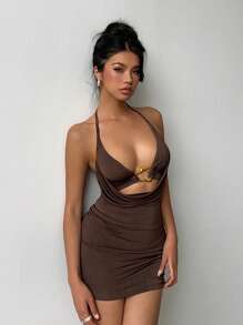 Aloruh 棕色女式挂脖针织迷你连衣裙 - 咖啡棕 - 查看 5