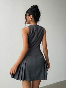 Aloruh Women's Casual Dark Grey Mini Dress: Sleeveless Round Neck Woven Fabric Dress With Zipper And Flared Hem - Dark Grey - View 3