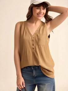 SHEIN LUNE Regata Casual Solta Feminina com Decote em V Canelado e sem Mangas, na Cor Laranja - Gengibre - Visão 2