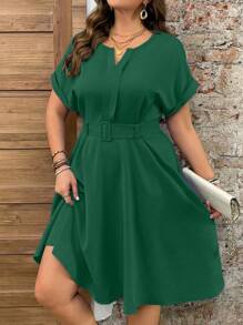 EMERY ROSE Plus Size V-Neck Shirred Waist Casual/Holiday Burgandy Dress - Green - View 6