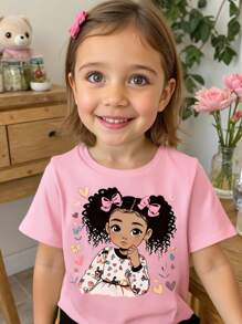 Girls' Simple & Cute Pink Printed Short Sleeve T-Shirt - Pink - View 1