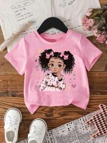 Girls' Simple & Cute Pink Printed Short Sleeve T-Shirt - Pink - View 5
