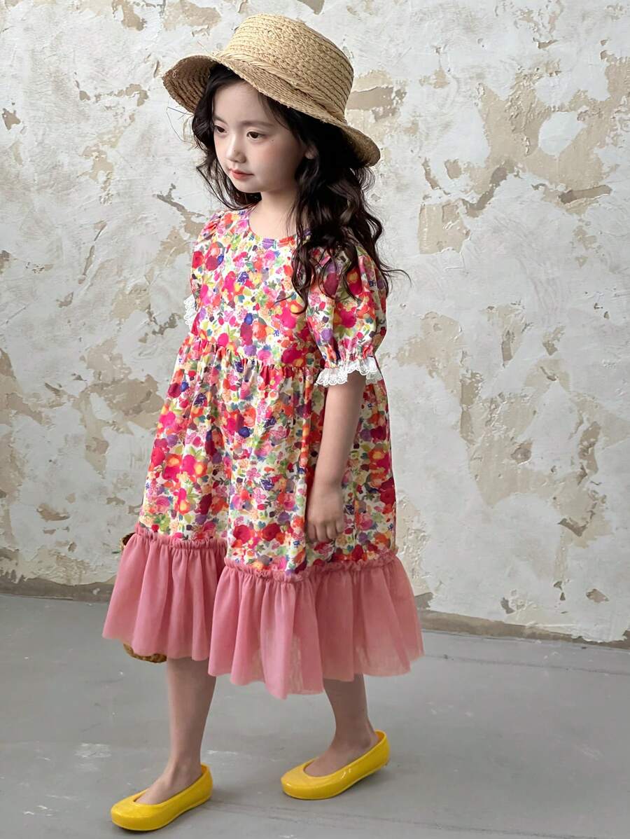 DAZY Young Girl Floral Print Cute Puff Sleeve Round Neck Mini Dress,Girls Summer Outfits