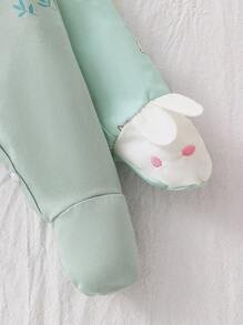 2pcs Newborn Baby Green Minimalist Fashion Cute Bow Floral 3D Rabbit Print Long Sleeve Jumpsuit Romper Set