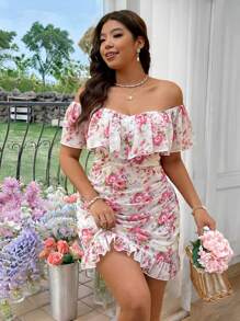 DreamSkyne Vestido corto ajustado de verano para mujer de tallas grandes, romántico y elegante, con estampado de gasa de hombros descubiertos y volantes en el bajo - Multicolor - Ver 7