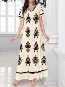 Mulvari 复古花卉印花 V 领短袖长裙，春夏