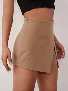 SHEIN PETITE CURVE Pantalones cortos informales de talla grande para mujer con abertura lateral en unicolor, para primavera/verano