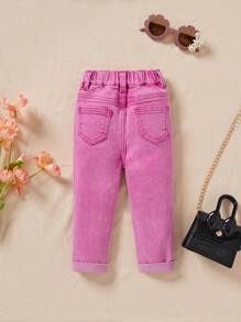 SHEIN Baby Mädchen Knopf Taillenbund gerade Bein modische lässige blaue Jeans, Rückkehr zur Schule süße Jeans