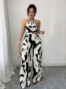 Elenzga Bộ đồ liền thân hở eo in họa tiết cỡ lớn dành cho nữ, thanh lịch cho ngày lễ và mặc hàng ngày - Nhiều màu - Xem 3