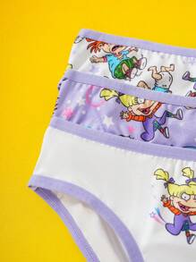 Nick 90s X SHEIN 3pcs Young Girl Purple Cute & Comfortable Cartoon Print Contrast Piping Trim Triangle Panties,Basic Casual Briefs