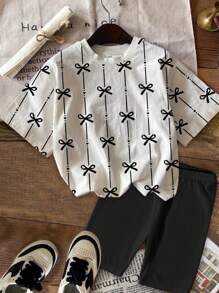 SHEIN Leap Crew 可爱条纹和蝴蝶结印花，青少年女孩休闲简约短袖 T 恤和短裤两件套，夏季 - 彩色 - 查看 2