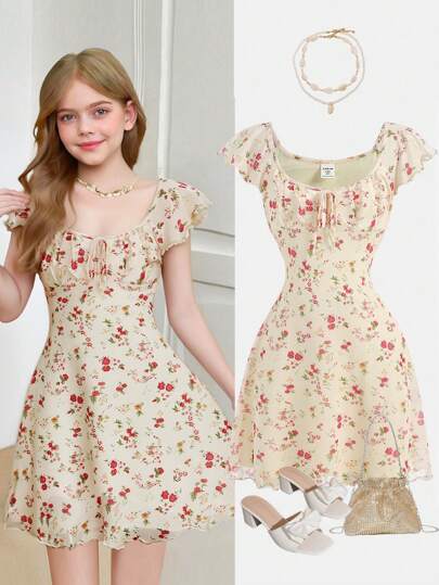 SHEIN Vestido de punto con cintura ceñida, mangas con volantes y lazo, estampado floral para niña preadolescente. Elegante para salidas, citas, atuendos de verano, playa, vacaciones, adecuado para varias ocasiones