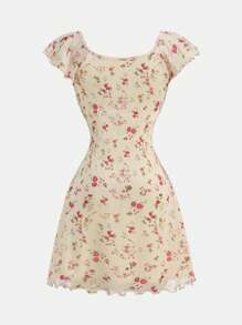 SHEIN 少女碎花印花收腰荷叶袖蝴蝶结A字针织连衣裙，优雅百搭，适合外出、约会、夏季穿着、海滩度假等各种场合。 - 黃色 - 查看 6