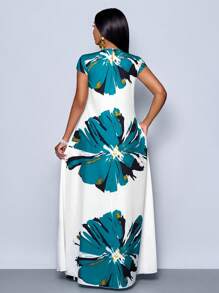 SOLERSUN Women's Fashionable Tropical Print Short Sleeve Maxi Dress - Teal Blue - View 2