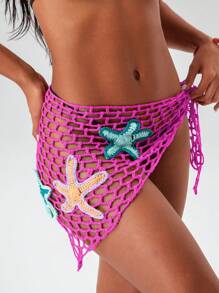 SHEIN Swim 全新性感开放式鱼网钩针编织 3D 海星海滩披肩，女士夏季罩衫 - 玫紅色 - 查看 6