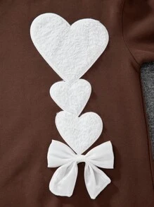 SHEIN Tween Girl Embroidered Heart Applique Thermal Lined Loose Casual Sweatshirt, Autumn/Winter - Brown - View 3
