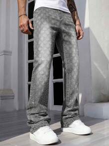 ROMWE MEN Street Life Men's Rhinestone Embellished Straight Cut Casual Versatile Jeans - Grey - View 4