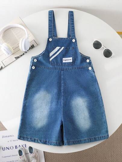 Tween Girl 字母刺绣口袋休闲牛仔背带裤