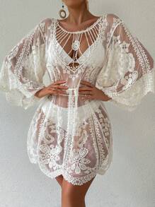 SHEIN Swim Váy che phủ rộng rãi thêu hoa bằng lưới mỏng cho nữ khi đi nghỉ - Màu be - Xem 4