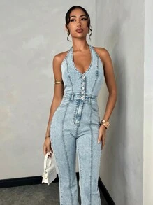 SHEIN BAE Women's Summer Street Style Washed Sleeveless Backless Denim Jumpsuit Y2k - Light Wash - View 5