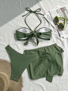 SHEIN Swim 3 Pieces Women Resort Style Spaghetti Strap Swimwear Set With Metal Laced-Up Halter Neck - Army Green - View 6
