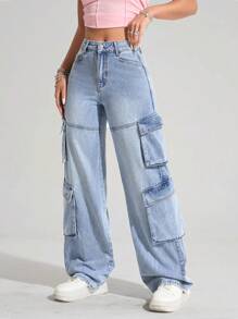 SHEIN EZwear Women's Multi-Pocket Wide Leg Loose Casual Jeans