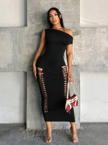 SHEIN SXY Vestido largo de unicolor para mujer, con cuello asimétrico, minimalista y de moda, apropiado para el verano