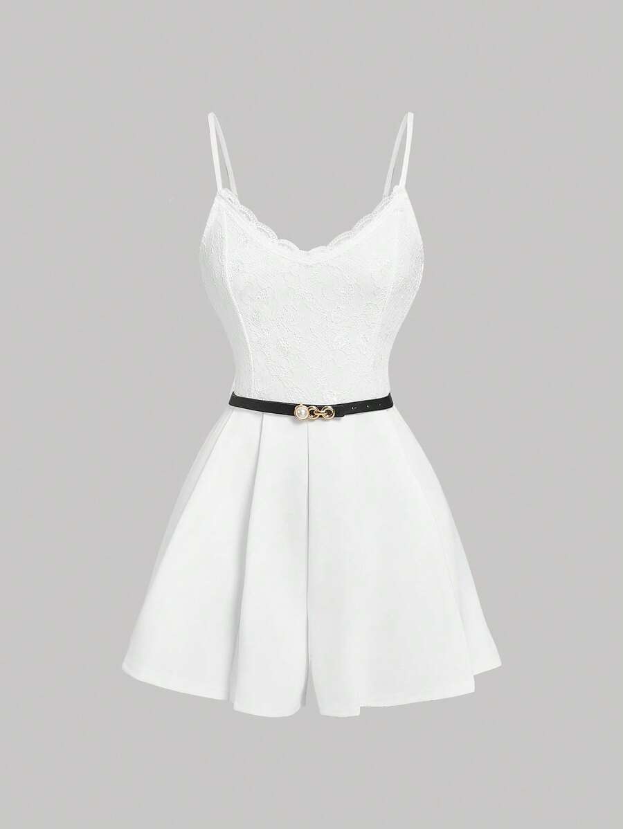 SHEIN MOD Floral Lace Waist Strap Jumpsuit, Minimalist & Fashion, Suitable For Summer - White - View 1