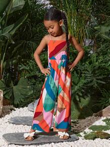 Young Girl Geometric Pattern Spaghetti Strap Casual Holiday Beach Forest Vacation Jumpsuit, Spring/Summer - Multicolor - View 2