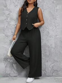 SHEIN Tall CURVE Plus Size Women Single-Breasted Vest And Pants Casual 2 Pieces Set - Black - View 4