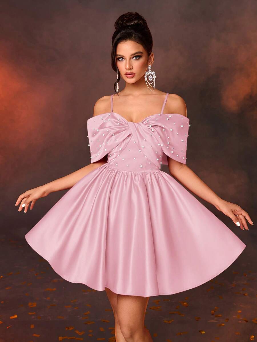 Lovelzi 女士优雅缎面超大蝴蝶结袖仿珍珠装饰蝴蝶结和前围兜 A 字裙，适合派对、庆典、圣诞舞会、婚礼宾客礼服、舞会礼服 - 粉色 - 查看 1