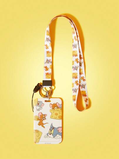 TOM & JERRY X SHEIN Cute White Cartoon Cat & Cheese Pattern Lanyard Card Holder