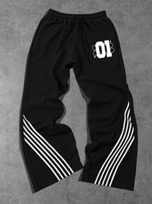 PAVTROS Men's Contrast Striped Numeric Print Drawstring Waist Sweatpants - Black - View 1