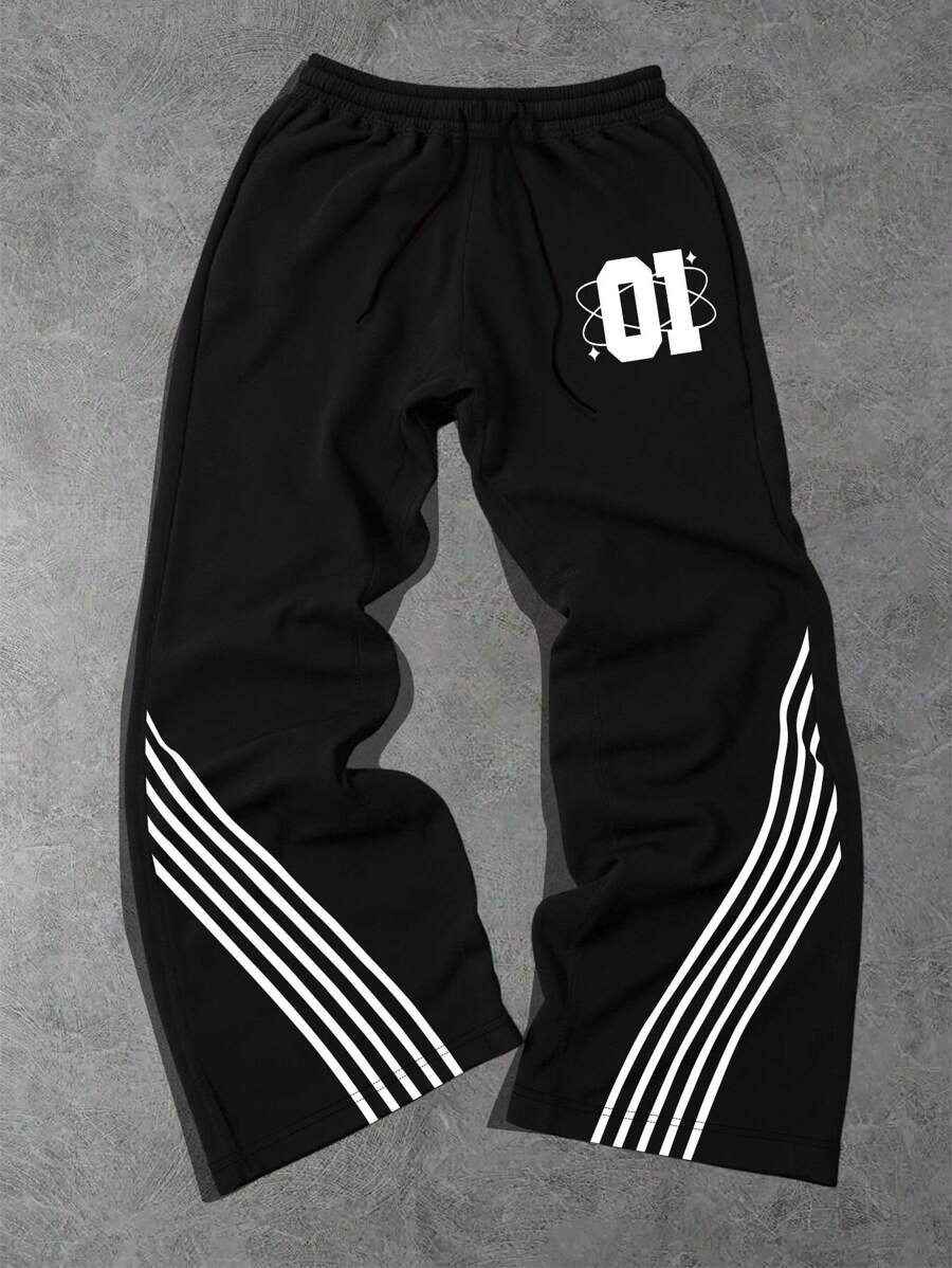 PAVTROS Men's Contrast Striped Numeric Print Drawstring Waist Sweatpants - Black - View 1