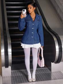 Jeanoix 女士休闲修身牛仔夹克 - 藍色 - 查看 4