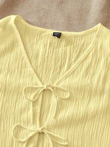 SHEIN VCAY Vacation Woven Patchwork Design Square Collar Short Sleeve A-Line Dress For Women Maxi Dress Usa Vest Set Bow Top,Butter Yellow,Summer Sets