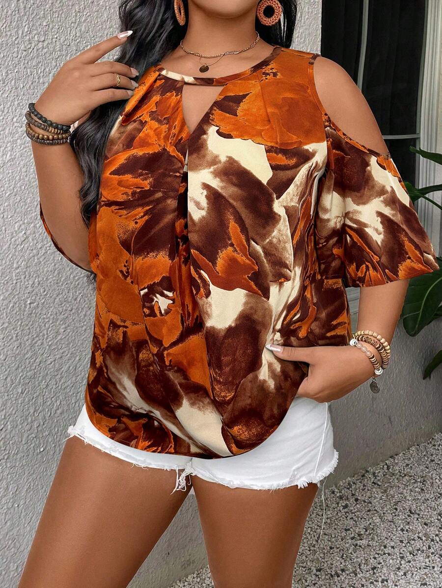 SHEIN VCAY Plus Size Women Tie-Dye Print Polyester Open Shoulder Blouse - Multicolor - View 1