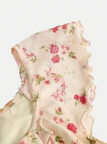 SHEIN 少女碎花印花收腰荷叶袖蝴蝶结A字针织连衣裙，优雅百搭，适合外出、约会、夏季穿着、海滩度假等各种场合。 - 黃色 - 查看 4