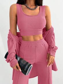 EURMUSE Solid Drop Shoulder Shirt With Trousers - Dusty Pink - View 5