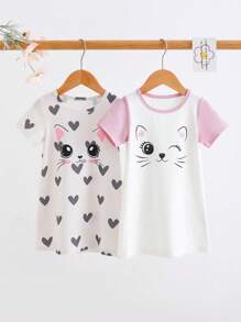 2pcs/Set Baby Girls Cute Cat Graphic Print Short Sleeve Long Nightgown Sleepwear Sets, Pink & Apricot Color Children Clothes Clothes For Girls Summer Pajamas Baby Girl Pajamas T Shirts For Baby Girl Holiday Travel Releax Summer Clothes - Multicolor - View 5