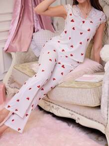 2pcs Deep V Neck Heart Sleepwear Set For Women - Multicolor - View 3