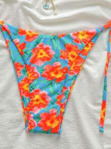 Swim Mod Random Floral & Ribbed Print Tie Sides Beach Vacation Bottom Swimwear For Summer - Multicolor - View 3