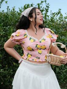 SHEIN MOD قميص بأكمام منتفخة بطباعة عتيقة مقاس كبير، مناسب للمواعيد والكاجوال وارتداء في الأعياد، موسم الربيع والصيف - متعدد الألوان - مشاهدة 3