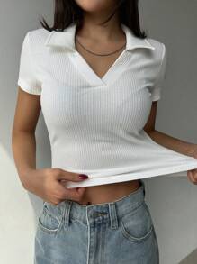 DAZY Dames effen kleur casual slim fit polo kraag korte mouw t-shirt wit top zomer