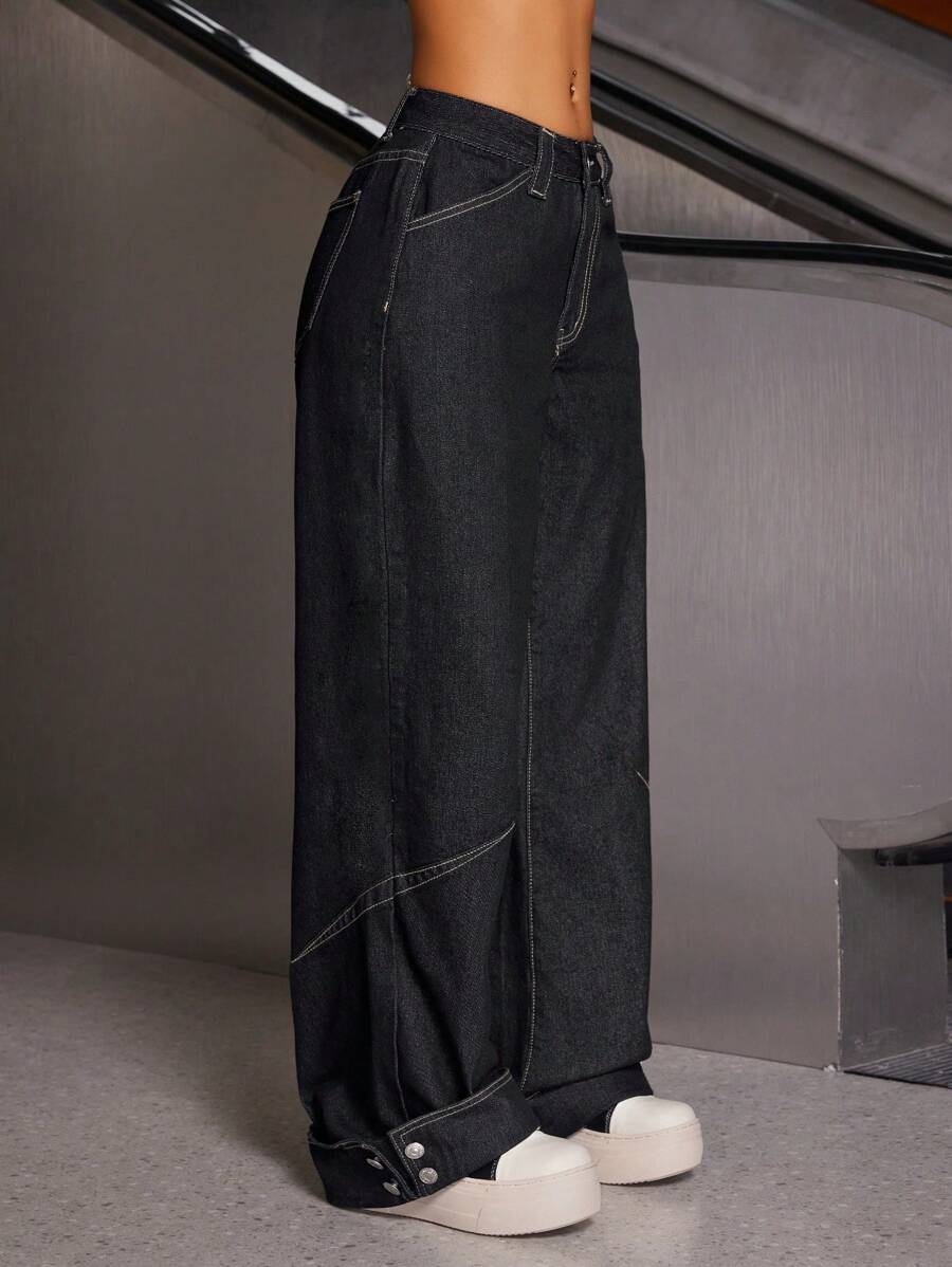 Jeanoix 女式黑色翻边纽扣洗水阔腿牛仔裤