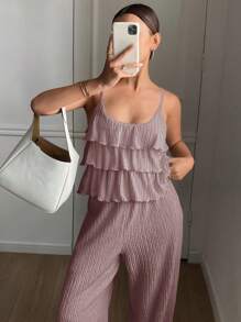 DAZY 2pcs/Set Women Summer Solid Textured Ruffle Strap Wide Leg Pants Bohemian Style Vacation Outfit