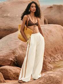 Poéselle 女式宽腿宽松休闲裤，带太阳刺绣口袋，女士度假装，海滩度假装，绣花裤，女士夏季度假装，女士度假装 - 白色 - 查看 6